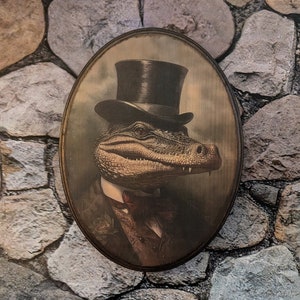 Mr Alligator Victorian Portrait - Vintage Style Gator Cottagecore Animal Wall Art - Wooden Decor Plaque Sign - Handmade photo transfer