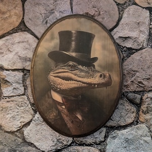 Mr Alligator Victoriaans portret - Vintage Style Gator Cottagecore Animal Wall Art - Houten Decor Plaque Sign - Handgemaakte fotooverdracht