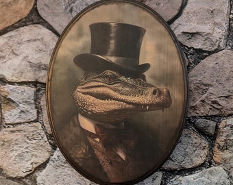 Mr Alligator Victorian Portrait - Vintage Style Gator Cottagecore Animal Wall Art - Wooden Decor Plaque Sign - Handmade photo transfer