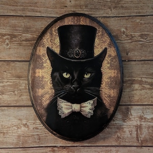 シルクハットをかぶった黒猫さん ビクトリア朝の肖像画 - ヴィンテージスタイルの動物の壁アート - 木製装飾プレートサイン - 手作りの写真転写