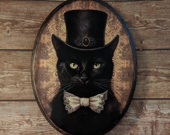 Mr Black Cat in Top Hat Victorian Portrait - Vintage Style Animal Wall Art - Wooden Decor Plaque Sign - Handmade photo transfer