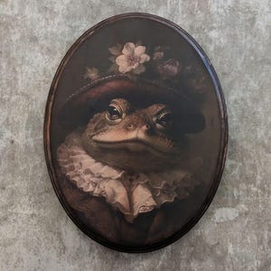 Miss Frog Victorian Portrait - Vintage Style Cottagecore Animal Wall Art - Wooden Decor Plaque Sign - Handmade photo transfer