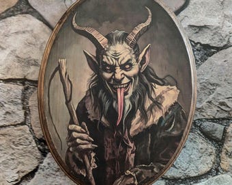 Krampus vintage stijl houtportret - Victoriaanse folklore houten muurkunst - kerst Krampusnacht decor plaquette - handgemaakt