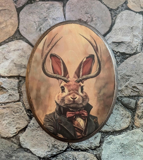 Mr Jackalope Victorian Jackrabbit Cryptid Portrait - Vintage Style Animal Wall Art - Wooden Wood Decor Plaque Sign - Handmade photo transfer