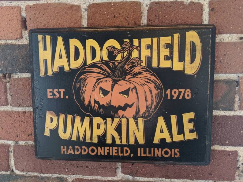 Haddonfield Pumpkin Ale Halloween Michael Myers Wood Sign Wall Plaque Handmade wood ink transfer image 1