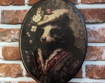 Mr Skunk Victorian Wall Art - Vintage Style Animal Wall Art - Woodland Cottagecore Wooden Decor Plaque Sign - Handmade photo transfer