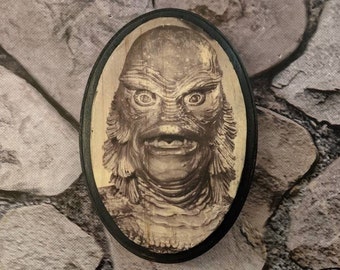 MINI Creature from the Black Lagoon Portrait -Universal Monsters- Mini Wood Sign Wall Plaque - wood ink transfer