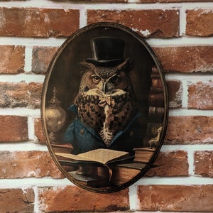 Mr Owl Victorian Portrait with Books - Vintage Style Cottagecore Animal Wall Art - Wooden Decor Plaque Sign - Handmade photo transfer