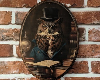 Mr Owl Victorian Portrait with Books - Vintage Style Cottagecore Animal Wall Art - Wooden Decor Plaque Sign - Handmade photo transfer