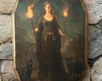 Hecate Pagan Goddess with Black Cat Familiars- Witch Wall Art - Handmade Wood Plaque Sign - Witchcraft Wall Art - Vintage Victorian Style