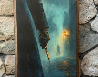 Jack The Ripper Victorian Style Art  - Wooden Hanging Wall Plaque - Handmade wood ink transfer - London Art Painted Style Dark True Crime