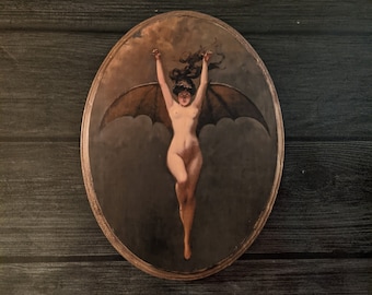La Femme Chauve-Souris by Albert Joseph Pénot - Witch Bat Wall Art- Handmade Wooden Wood Sign - Bat Woman