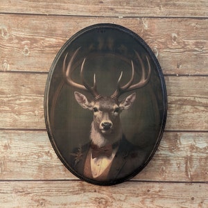 Mr Buck Deer Victorian Portrait - Vintage Style Woodland Animal Wall Art - Wooden Décor Plaque Sign - Handmade photo transfer
