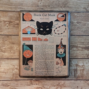 Black Cat Mask Vintage Halloween Wall Art wooden wall Plaque - Child Life Magazine Halloween Print - Wood Plaque Sign - Handmade