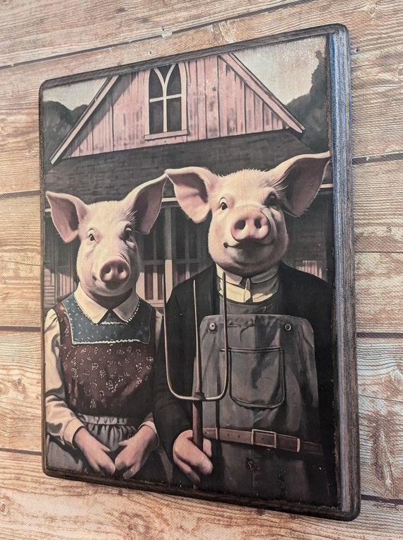 Mr and Miss Pig American Gothic Portrait - Vintage Style Farm
