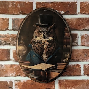 Mr Owl Victorian Portrait with Books - Vintage Style Cottagecore Animal Wall Art - Wooden Decor Plaque Sign - Handmade photo transfer