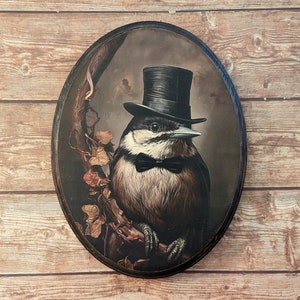 Mr Chickadee Victorian Portrait - Vintage Style Animal Wall Art - Wood Decor Plaque Sign - Handmade photo transfer Wild Song Bird Art