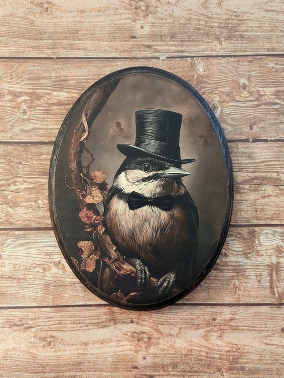 Mr Chickadee Victorian Portrait - Vintage Style Animal Wall Art - Wood Decor Plaque Sign - Handmade photo transfer Wild Song Bird Art
