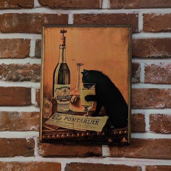 Absinthe Bourgeois Cat Wall Art wooden wall sign - 1902 Absinthe liquor advertisement - Wood Plaque Sign - Cat Wall Art