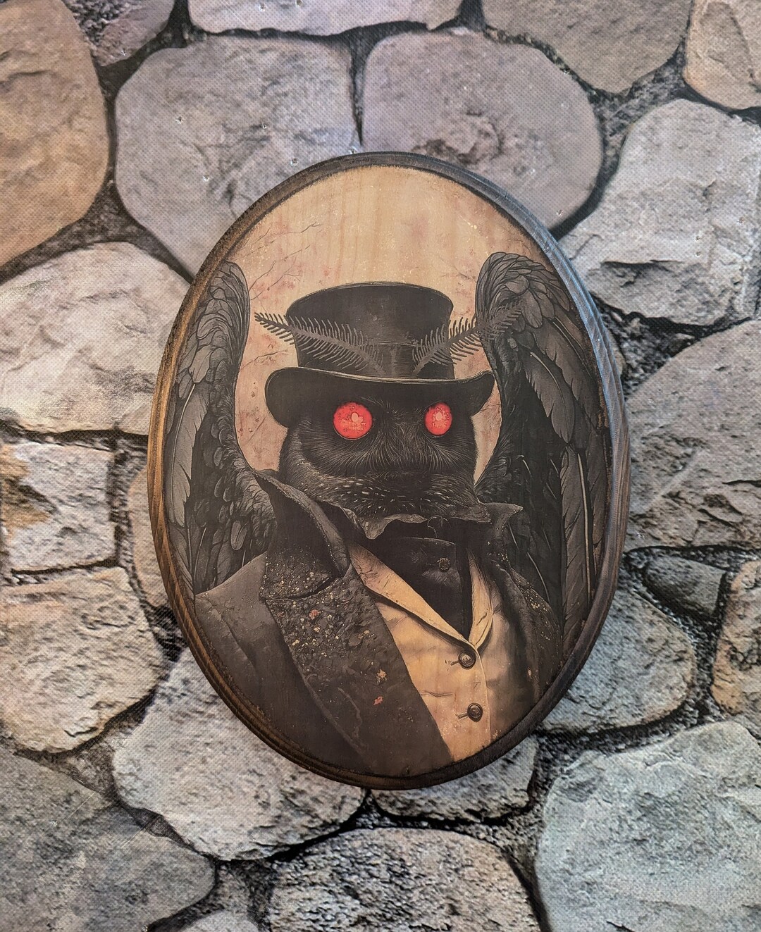 Mr Mothman in Top Hat Victorian Portrait Vintage Style Cryptid Wood