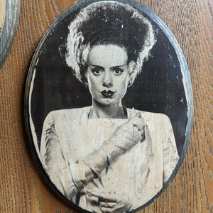 Frankenstein and Bride of Frankenstein Set of 2 Portraits Universal Monsters Wood Sign Wall Plaques Handmade wood ink transfer image 2