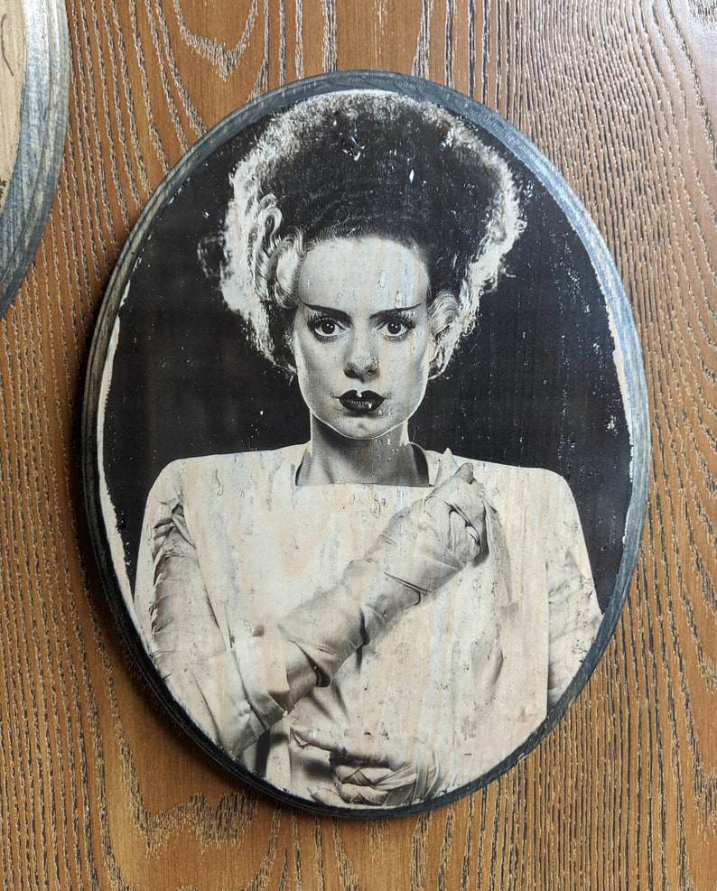 Frankenstein and Bride of Frankenstein Set of 2 Portraits Universal Monsters Wood Sign Wall Plaques Handmade wood ink transfer image 2