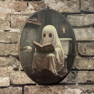 Vintage Ghost on Toilet - Bathroom Halloween Fall Gothic Wall Art - Wooden Décor Plaque Sign - Handmade transfer - Victorian wall decor
