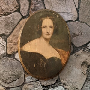 Plaque murale Mary Shelley Portrait en bois - Romancier anglais Frankenstein - Transfert d&#39;encre sur bois fait main