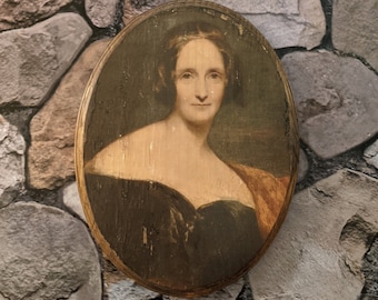 Mary Shelley Portrait Wooden Sign Wall Plaque - English Novelist Frankenstein - Handmade wood ink transfer