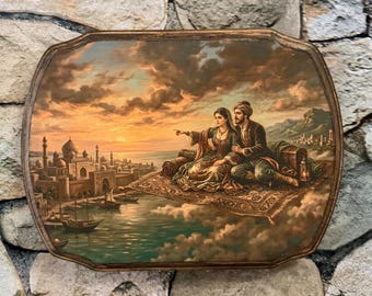 Duizend-en-een-nacht het verhaal van Aladdin door Antoine Galland - Victoriaans geïnspireerde stijl verhalenboek muurkunst - handgemaakte houten plaquette