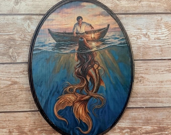 Zeemeermin en visser Victoriaanse kunst - houten muurplaquette - mythische zeemeermin wanddecoratie - handgemaakte heks kunst aan de muur - sirene