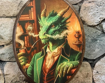 Victoriaans portret Mr Dragon - vintage stijl dierenmuurkunst - houten decor plaquette - handgemaakte Cottagecore Goth Wall Art Draco