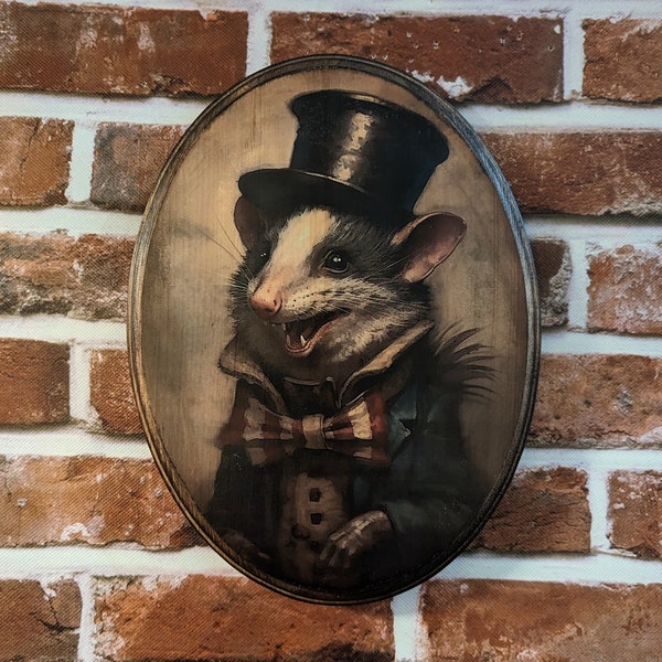 Opossum Victorian Portrait - Vintage Style Animal Wall Art - Wooden Decor Plaque Sign - Handmade photo transfer