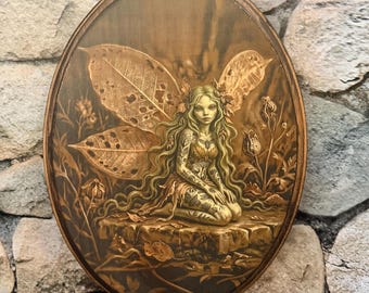 Tattoofee vintage stijl kunst houten muurplaquette - heksenfee muurdecoratie kunst - handgemaakte houten muurkunst Woodland Fae