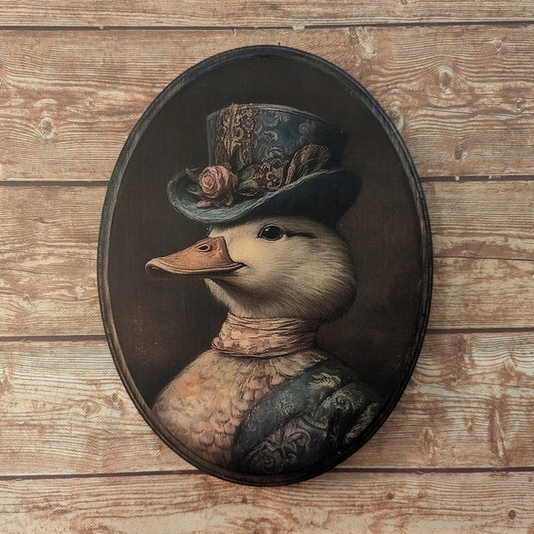 Miss Duck Victorian Portrait - Vintage Style Animal Bird Wall Art - Wooden Decor Plaque Sign - Handmade photo transfer