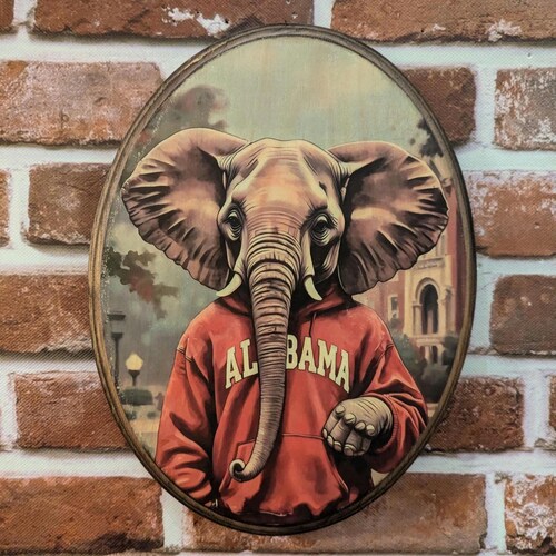 Studenten Elefant Porträt Holzwandkunst - Handgemachtes Holzschild Zeichen - College Collegiate Geschenk Alabama