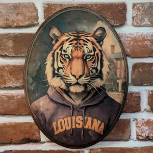 Student Tiger Portrait Wooden Wall Art - Handmade Wood Plaque Sign - College Collegiate Gift Louisiana