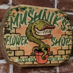 Audrey II - Mushnik's Flower Shop - Little Shop of Horrors Parody Sign - Wooden Wall Plaque - Handmade wood ink transfer