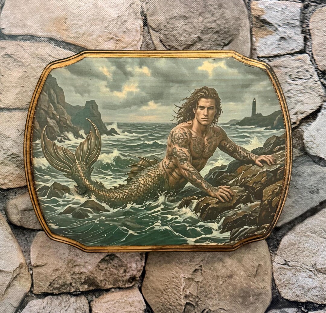 Tattoo Merman Victorian Style Art - Wooden Wall Plaque Sign- Mythical ...