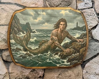 Tattoo Merman Victorian Style Art - Wooden Wall Plaque Sign- Mythical Mermaid Wall Décor Art - Handmade Witch Wall Art - Tattooed Mermaid