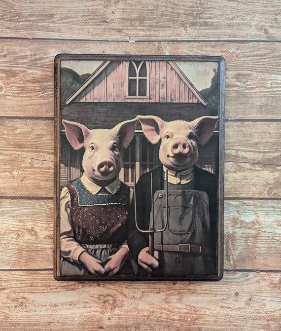Mr and Miss Pig American Gothic Portrait - Vintage Style Farm