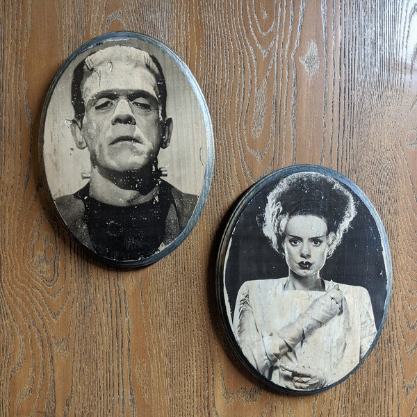 Frankenstein and Bride of Frankenstein Set of 2 Portraits -Universal Monsters-  Wood Sign Wall Plaques - Handmade wood ink transfer