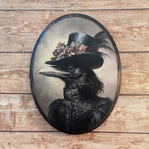 Miss Crow Victorian Portrait - Vintage Style Animal Wall Art - Wooden Decor Plaque Sign - Handmade photo transfer Raven Bird