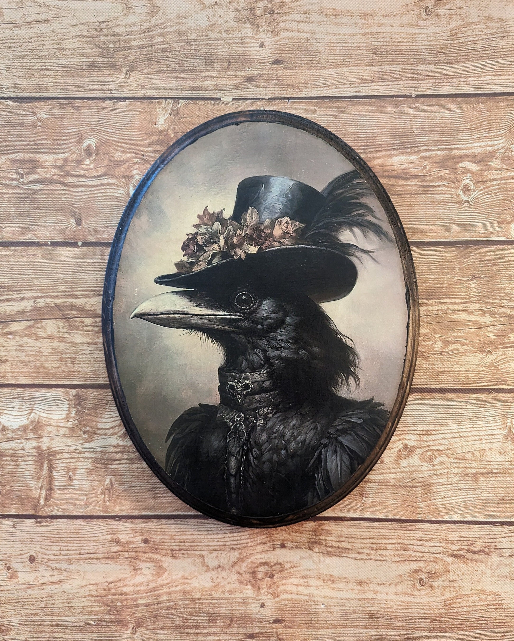 Miss Crow Victorian Portrait - Vintage Style Animal Wall Art - Wooden Decor Plaque Sign - Handmade photo transfer Raven Bird