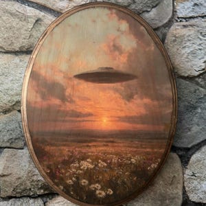 May include: An oval-shaped wooden wall plaque featuring a printed landscape scene of a field of wildflowers under a sunset sky. A dark, disc-shaped unidentified flying object is positioned in the center of the sky above the horizon line.