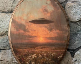 UFO Over a Field of Flowers Sunset Wood Art - Vintage Victorian Style - Alien -  Wood Wall Plaque Handmade image transfer Spaceship