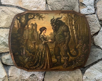 Beauty and The Beast by Gabrielle-Suzanne Barbot de Villeneuve - Victorian Inspired Style Storybook Wall Art - Handmade Wood Plaque Sign