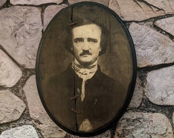 Broken/Extra Distressed Edgar Allan Poe Portrait OOAK - Wooden Sign Wall Plaque - Handmade wood ink transfer