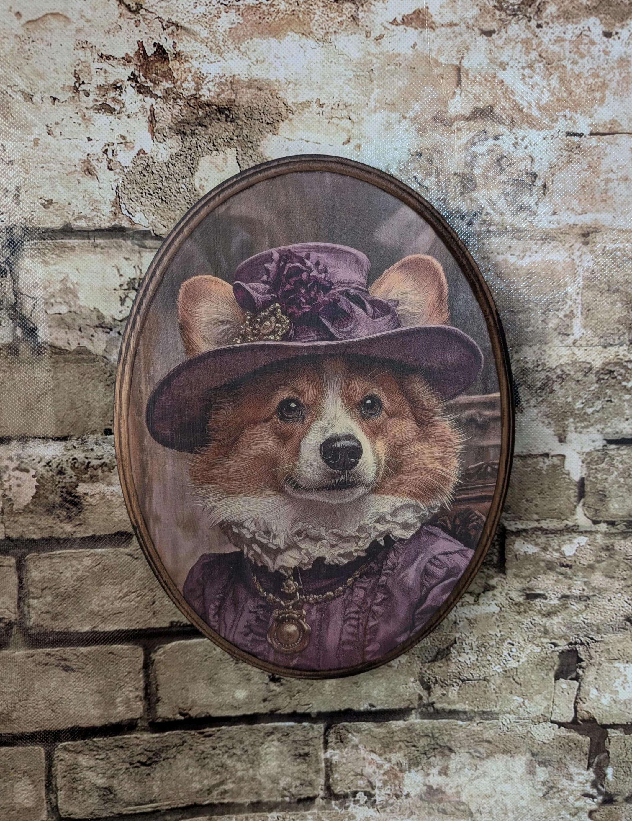 vintage ヨーロッパ輸入手描き犬装飾画 ミス・コーギー ビクトリア朝の肖像画 - エリザベス女王