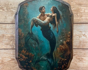 Zeemeerminpaar - houten muurplaquette - mythische zeemeermin muurdecoratie kunst - handgemaakte heks kunst aan de muur - klassieke kunst in Victoriaanse stijl